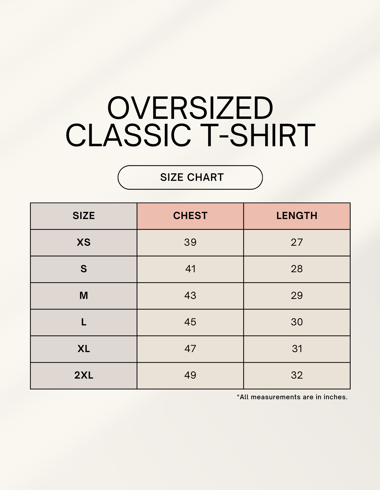 Frolic Saga oversized tee size chart with chest and length measurements in inches