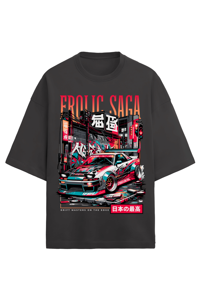 Black oversized French Terry t-shirt in 280 GSM cotton featuring JDM Tokyo drift car illustration and Japanese street art, designed by Frolic Saga
