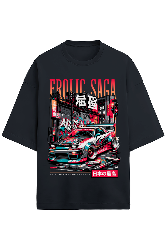 Navy blue oversized French Terry t-shirt in 280 GSM cotton featuring JDM Tokyo drift car illustration and Japanese street art, designed by Frolic Saga