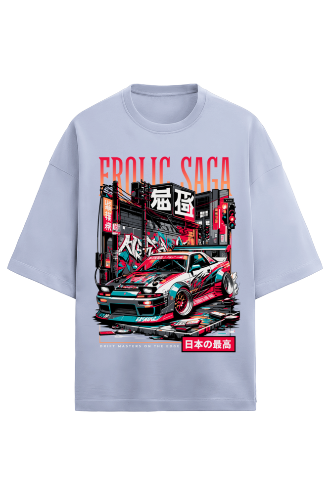 Lavender oversized French Terry t-shirt in 280 GSM cotton featuring JDM Tokyo drift car illustration and Japanese street art, designed by Frolic Saga