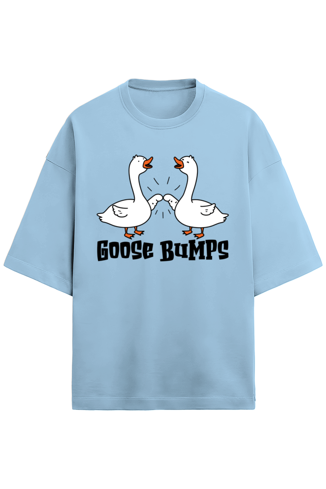 Unisex oversized light blue t-shirt made with 280 GSM French Terry fabric featuring a cartoon graphic of two geese fist bumping with the text “Goose Bumps”
