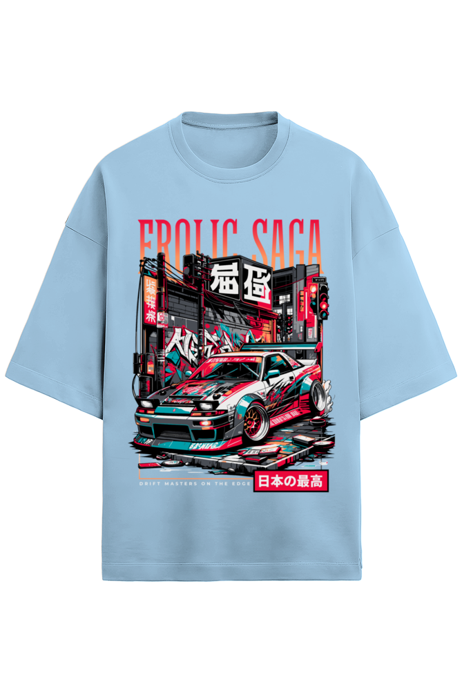 Baby Blue oversized French Terry t-shirt in 280 GSM cotton featuring JDM Tokyo drift car illustration and Japanese street art, designed by Frolic Saga
