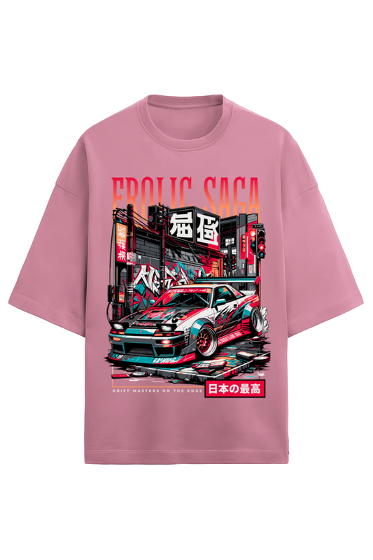 flamingo pink oversized French Terry t-shirt in 280 GSM cotton featuring JDM Tokyo drift car illustration and Japanese street art, designed by Frolic Saga