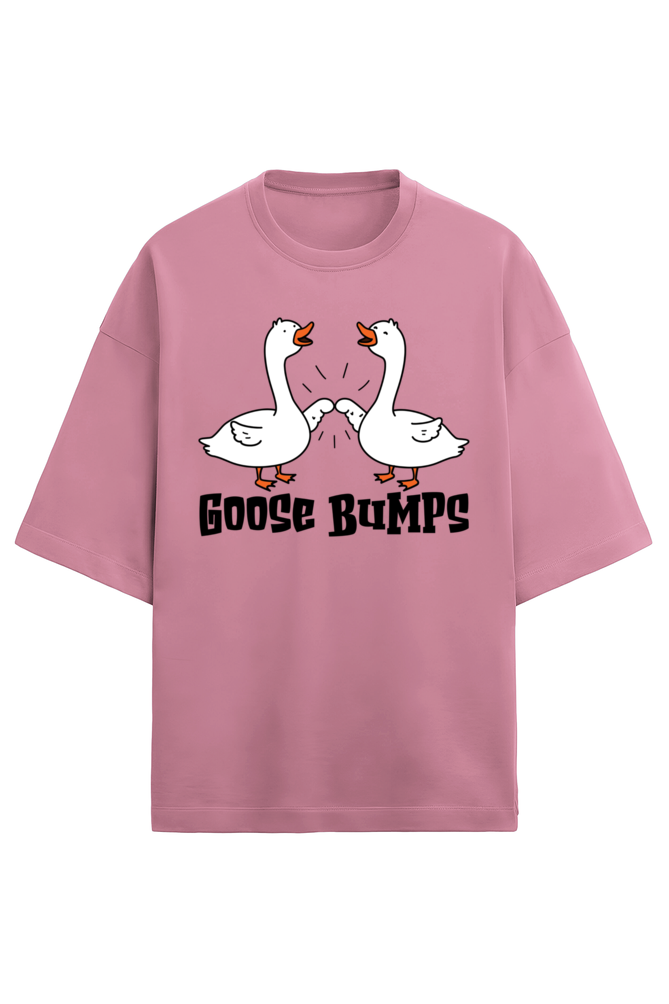 Unisex oversized light blue t-shirt made with 280 GSM French Terry fabric featuring a cartoon graphic of two geese fist bumping with the text “Goose Bumps”
