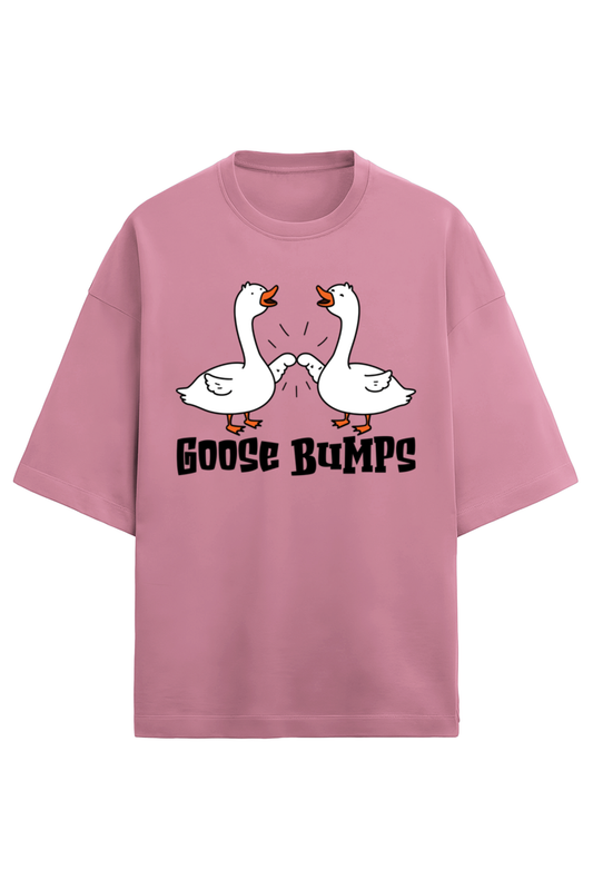 Unisex oversized light blue t-shirt made with 280 GSM French Terry fabric featuring a cartoon graphic of two geese fist bumping with the text “Goose Bumps”