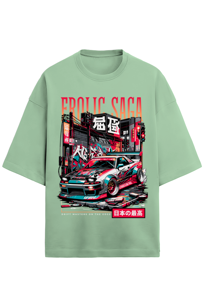 Jade Green oversized French Terry t-shirt in 280 GSM cotton featuring JDM Tokyo drift car illustration and Japanese street art, designed by Frolic Saga