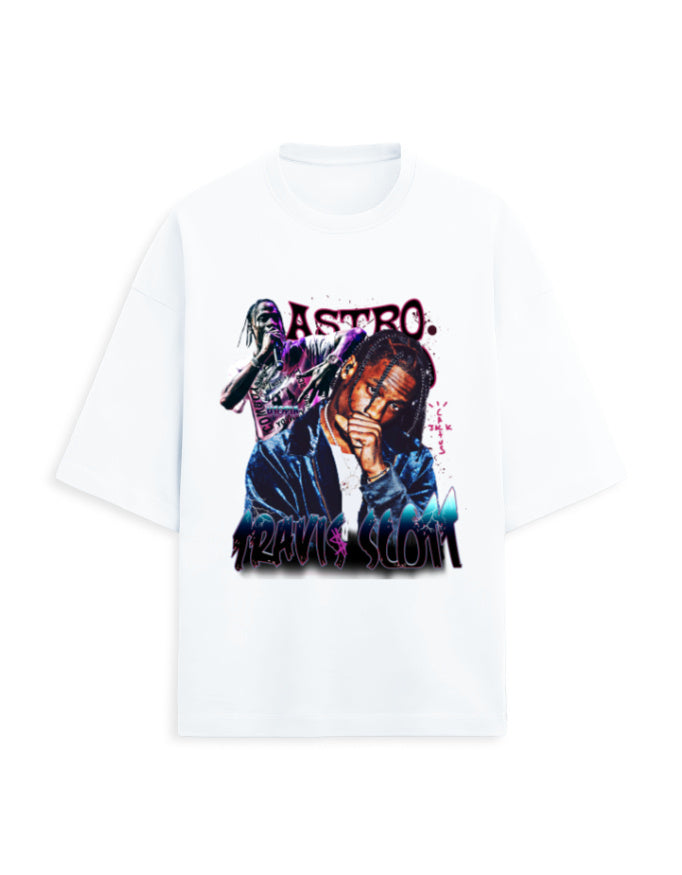 Color_White Astro Travis Scott Oversized Unisex French Terry T-Shirt (260 GSM) | Rapper Graphic Hip-Hop Streetwear Tee by Frolic Saga
