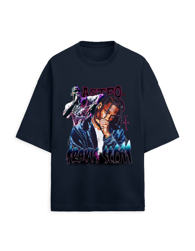 Color_NavyBlue Astro Travis Scott Oversized Unisex French Terry T-Shirt (260 GSM) | Rapper Graphic Hip-Hop Streetwear Tee by Frolic Saga