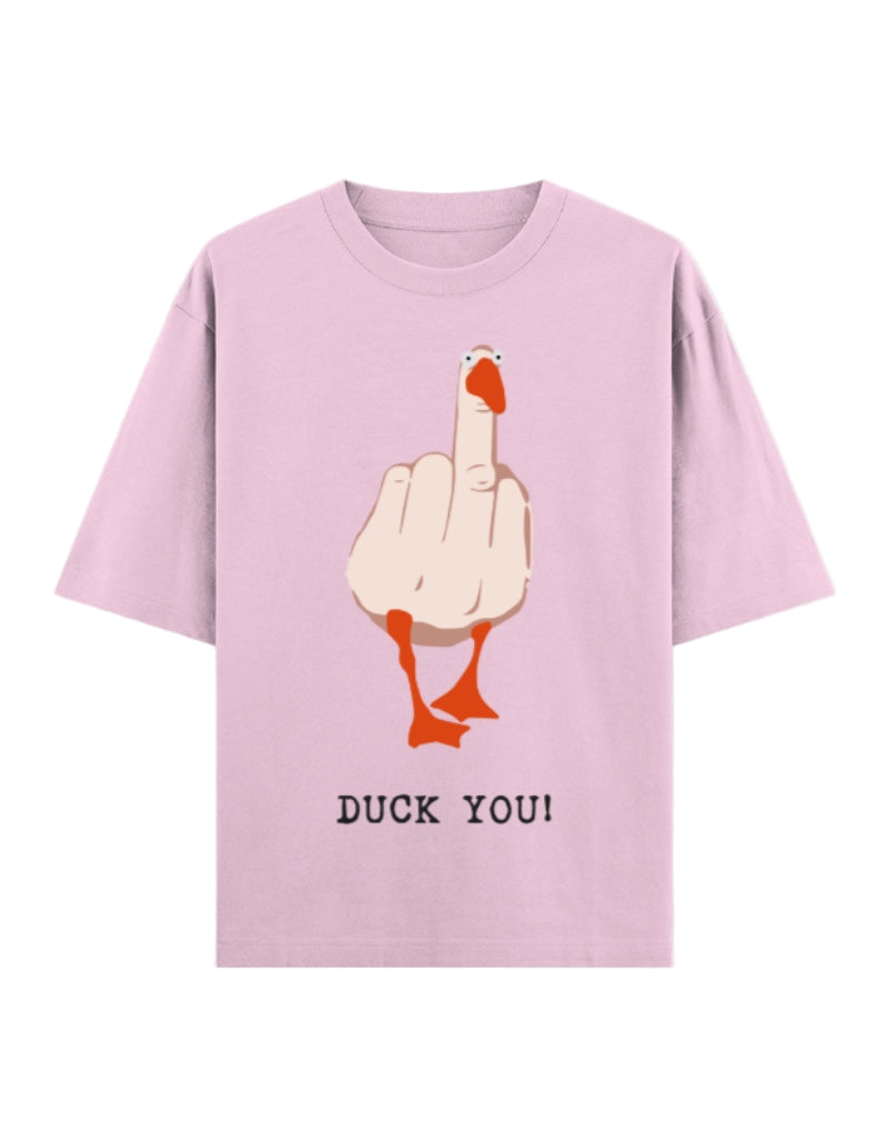 pink unisex oversized t-shirt featuring a bold illustrated duck flipping the middle finger with text "Duck You!" – Gen Z humor graphic streetwear by Frolic Saga