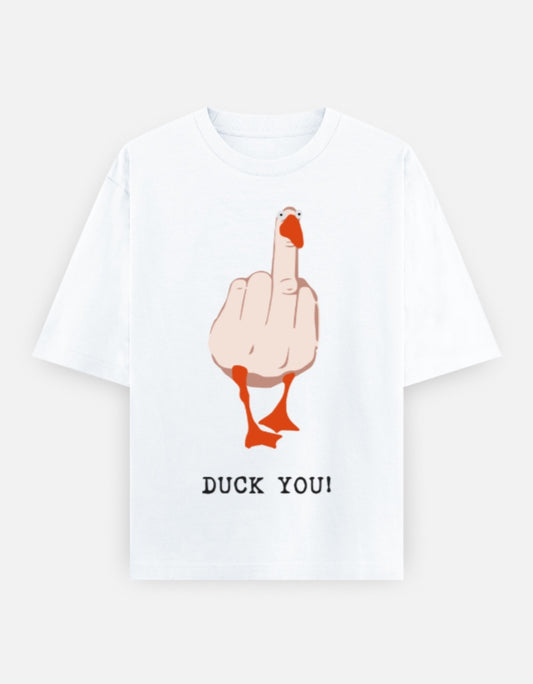 White unisex oversized t-shirt featuring a bold illustrated duck flipping the middle finger with text "Duck You!" – Gen Z humor graphic streetwear by Frolic Saga
