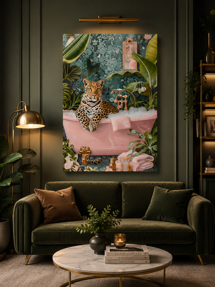 Living room with a painting of a leopard in a bathtub on the wall, green sofa, and marble coffee table.