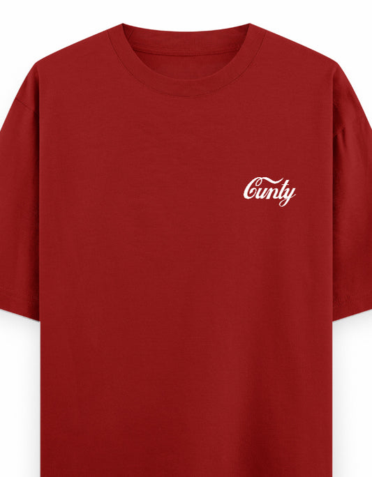 Red t-shirt with 'cunty' logo on a white background