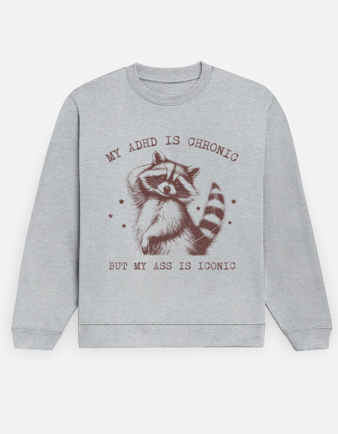 Color_GreyMelange ironic sweatshirt, ADHD humor sweatshirt, raccoon graphic crew, 300 GSM fleece, unisex crewneck, vintage graphic sweatshirt, edgy statement crew, dark-humor sweatshirt, cozy novelty sweatshirt