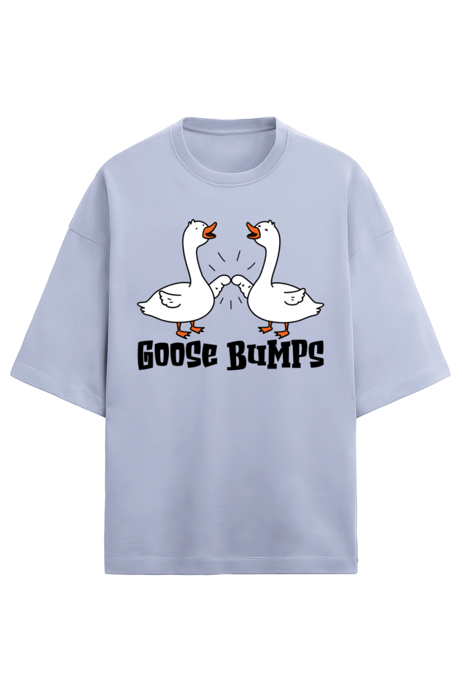 Unisex oversized light blue t-shirt made with 280 GSM French Terry fabric featuring a cartoon graphic of two geese fist bumping with the text “Goose Bumps”