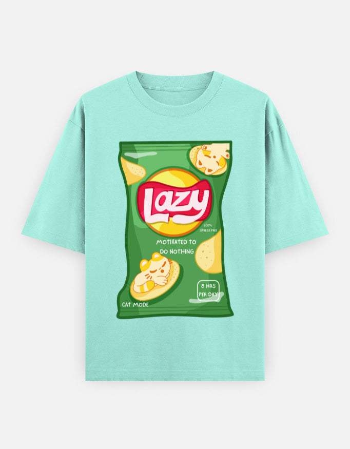 LAZY Oversized T-Shirt for Men & Women β Funny Chips Packet Graphic | 240 GSM Cotton | Unisex Cat Mode Tee | Frolic Saga