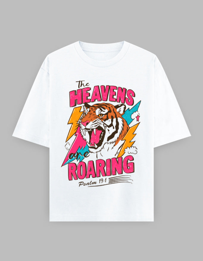 Heavens Are Roaring Tiger Graphic Oversized T-Shirt | 240 GSM 100% Cotton Unisex Streetwear Tee | Bold Christian Verse Psalm 19:1 Tee | Gen Z Aesthetic Printed T-Shirt India