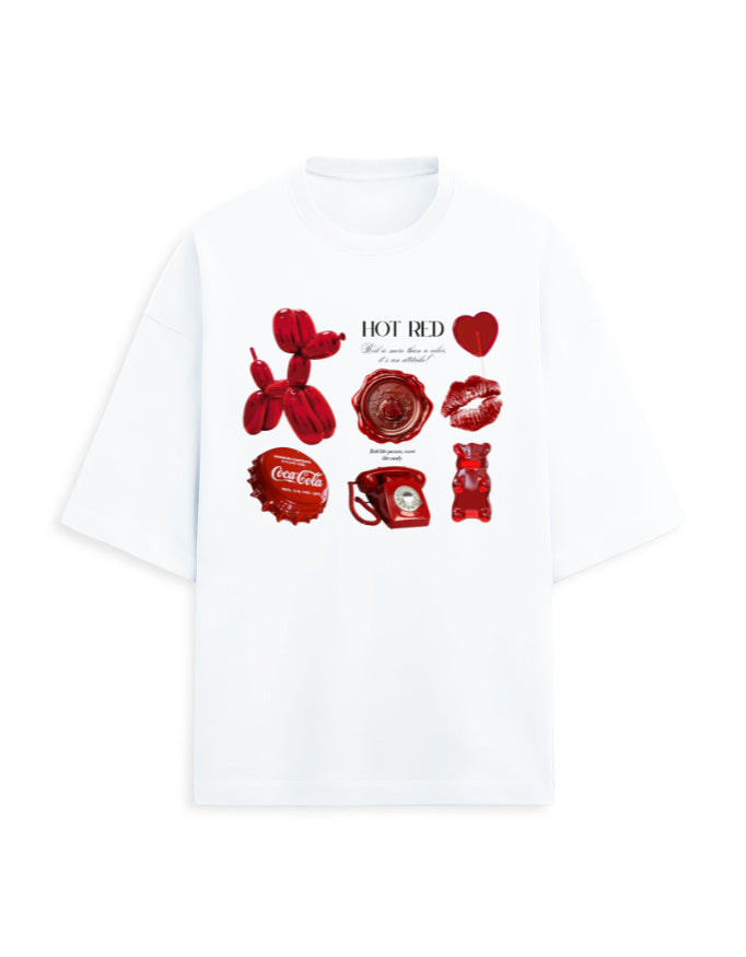 Color_White Hot Red Oversized Unisex French Terry T-Shirt (260 GSM) | Retro Vintage Graphic Streetwear Tee by Frolic Saga
