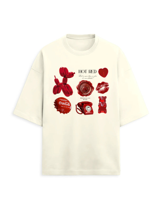 Color_OffWhite Hot Red Oversized Unisex French Terry T-Shirt (260 GSM) | Retro Vintage Graphic Streetwear Tee by Frolic Saga