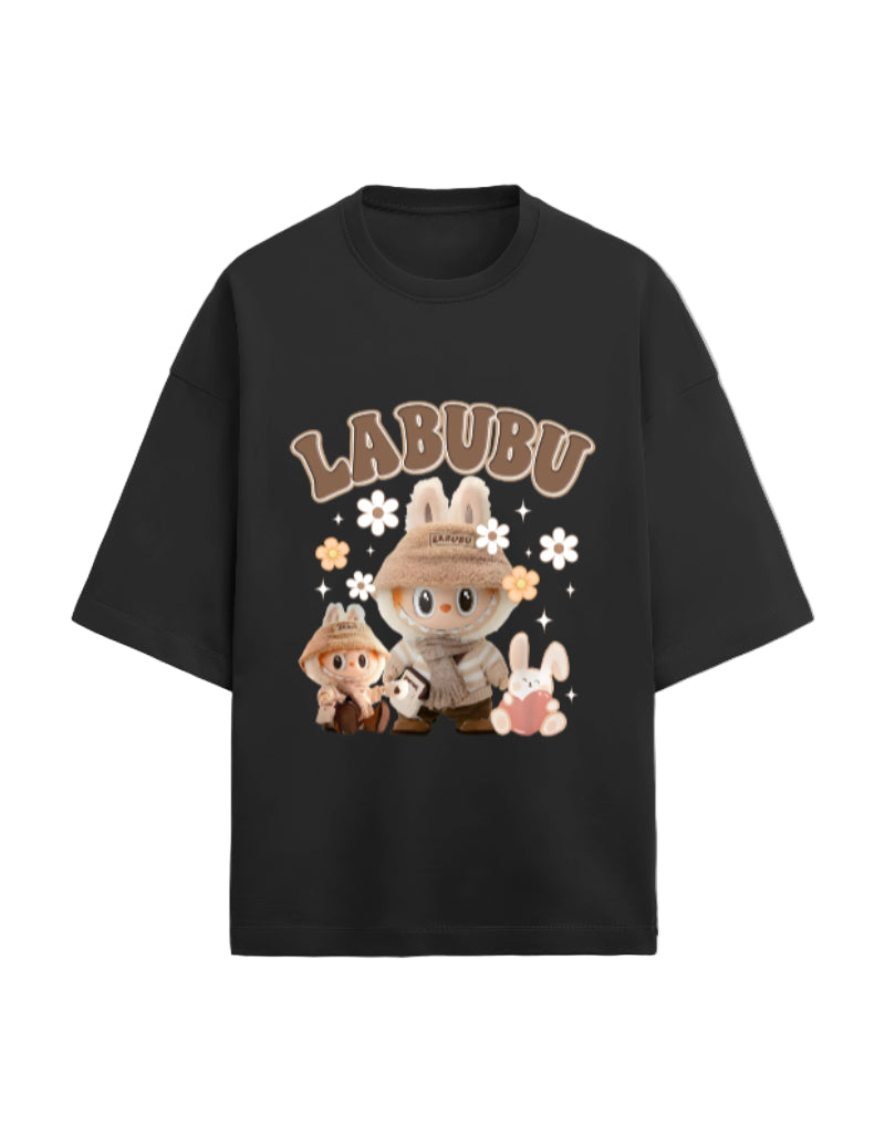 Labubu oversized tee, 280 GSM heavy cotton t-shirt, unisex quirky t-shirt, French Terry Gen Z fashion, aesthetic graphic tee India, plushcore tee, Labubu explorer shirt, oversized green t-shirt, cute character printed tee, softcore desi drip.
