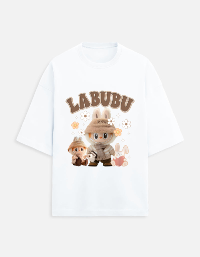 Labubu oversized tee, 280 GSM heavy cotton t-shirt, unisex quirky t-shirt, French Terry Gen Z fashion, aesthetic graphic tee India, plushcore tee, Labubu explorer shirt, oversized green t-shirt, cute character printed tee, softcore desi drip.