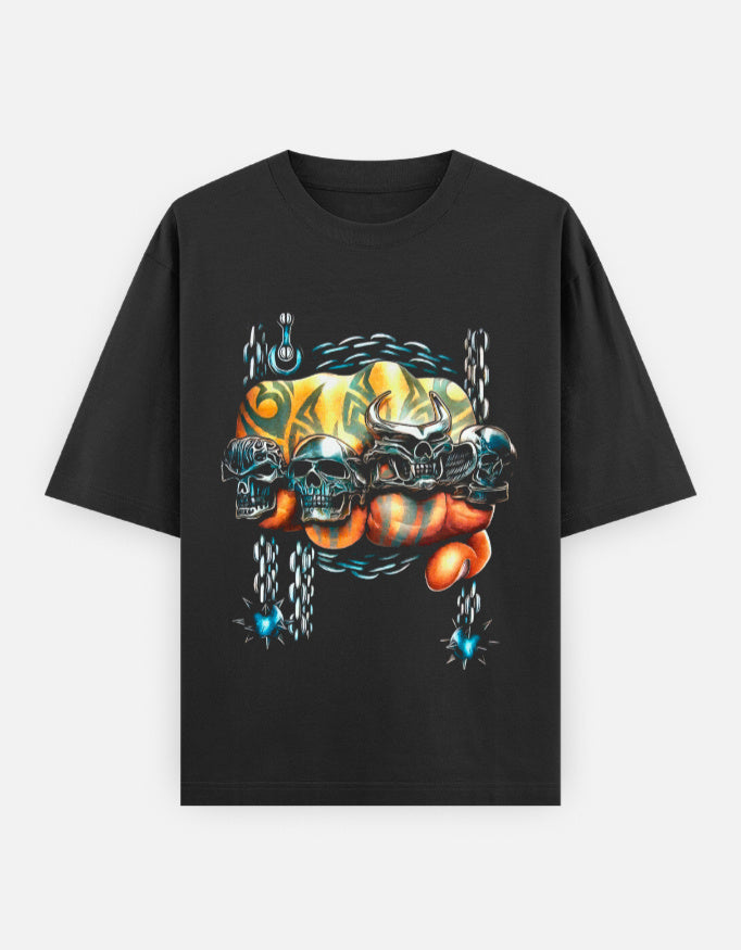 Color_Black Skull Fist Oversized Tee | Hardcore Graphic Streetwear T-Shirt | Unisex Heavyweight 240 GSM 100% Cotton