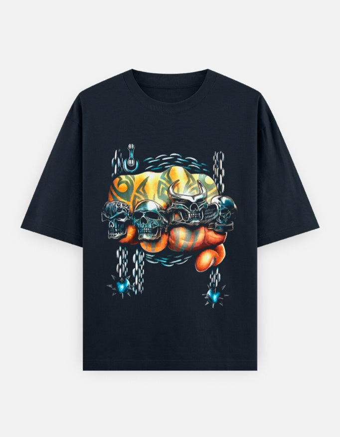 Color_NavyBlue Skull Fist Oversized Tee | Hardcore Graphic Streetwear T-Shirt | Unisex Heavyweight 240 GSM 100% Cotton