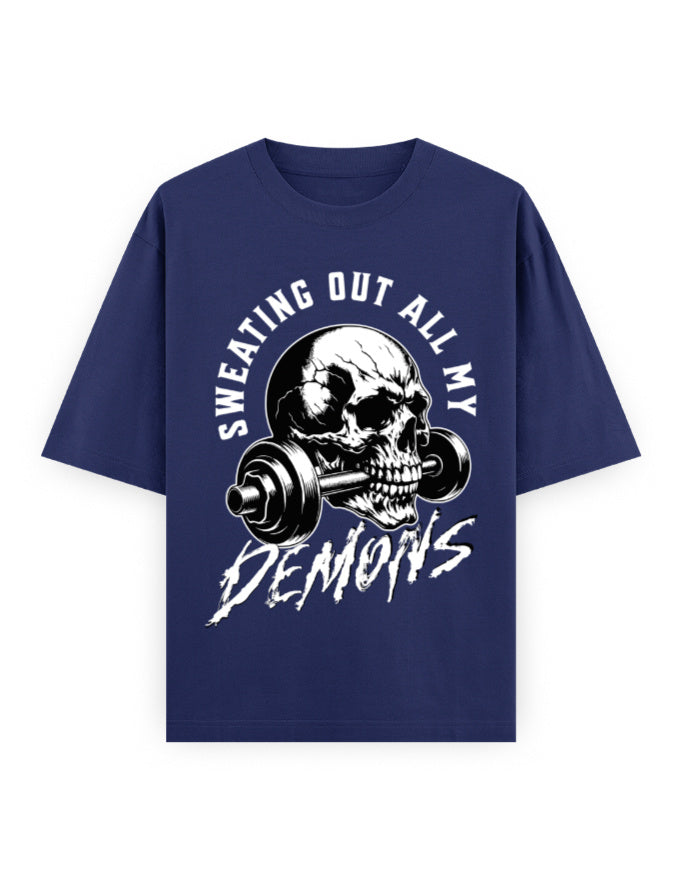 Royal blue t-shirt with a skull and barbell graphic and text on a white background