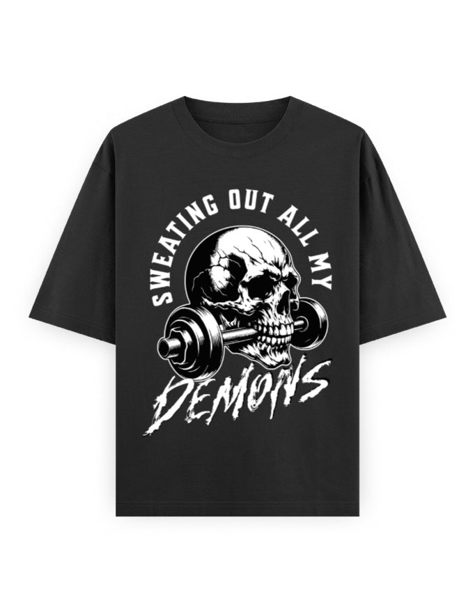 Black t-shirt with a skull and barbell graphic and text on a white background