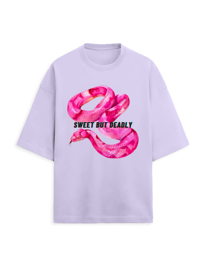 Color_Lavender Sweet But Deadly Graphic Oversized T-Shirt for Men & Women | Pink Snake Print | Unisex French Terry Tee 260 GSM