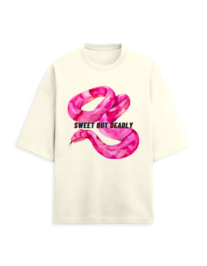 Color_OffWhite Sweet But Deadly Graphic Oversized T-Shirt for Men & Women | Pink Snake Print | Unisex French Terry Tee 260 GSM