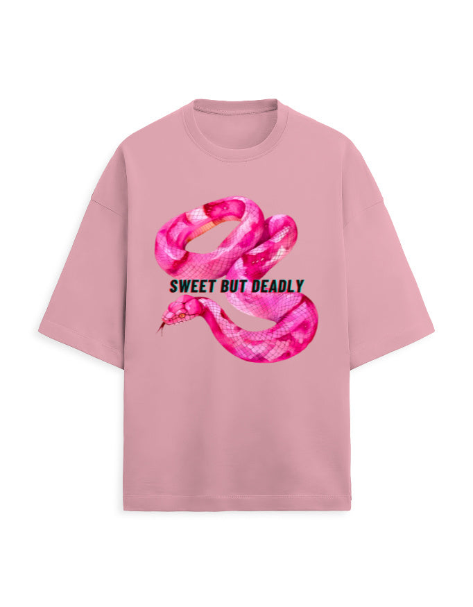 Color_Flamingo Sweet But Deadly Graphic Oversized T-Shirt for Men & Women | Pink Snake Print | Unisex French Terry Tee 260 GSM