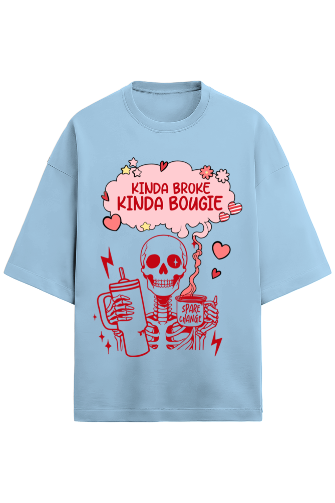 baby blue oversized 280 GSM unisex t-shirt with red skeleton and "Kinda Broke Kinda Bougie" text – Frolic Saga cotton tee for Gen Z aesthetic