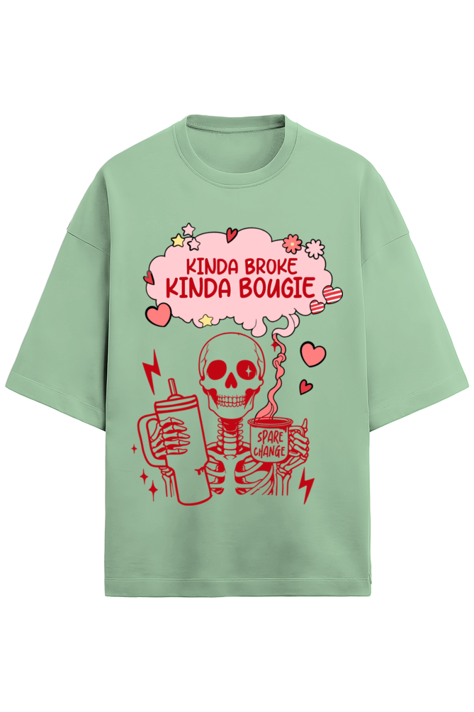 jade green oversized 280 GSM unisex t-shirt with red skeleton and "Kinda Broke Kinda Bougie" text – Frolic Saga cotton tee for Gen Z aesthetic