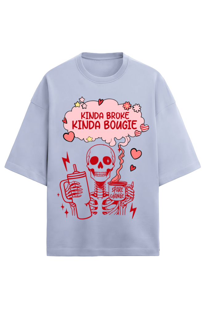 lavender oversized 280 GSM unisex t-shirt with red skeleton and "Kinda Broke Kinda Bougie" text – Frolic Saga cotton tee for Gen Z aesthetic