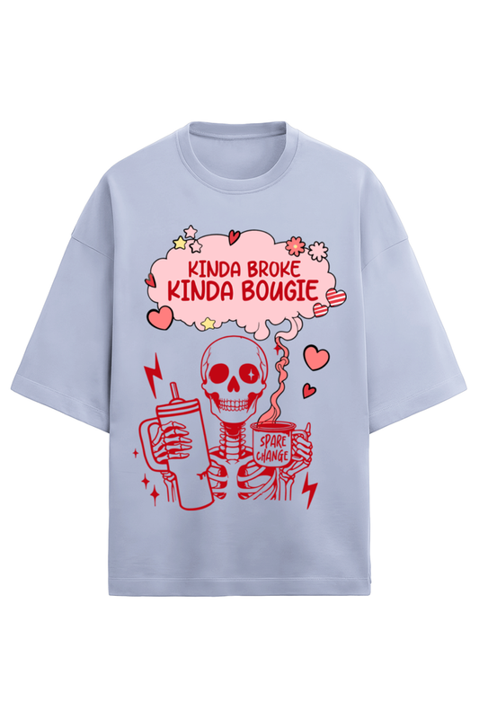 lavender oversized 280 GSM unisex t-shirt with red skeleton and "Kinda Broke Kinda Bougie" text – Frolic Saga cotton tee for Gen Z aesthetic