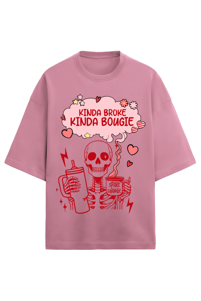 flamingo pink oversized 280 GSM unisex t-shirt with red skeleton and "Kinda Broke Kinda Bougie" text – Frolic Saga cotton tee for Gen Z aesthetic