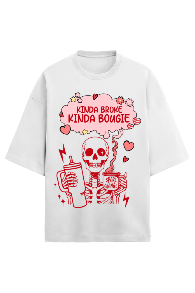 white oversized 280 GSM unisex t-shirt with red skeleton and "Kinda Broke Kinda Bougie" text – Frolic Saga cotton tee for Gen Z aesthetic
