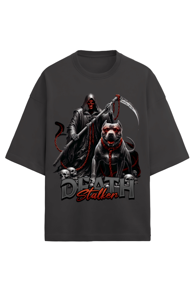Death Stalker oversized black t-shirt with grim reaper and pitbull graphic – 240 GSM unisex cotton tee
