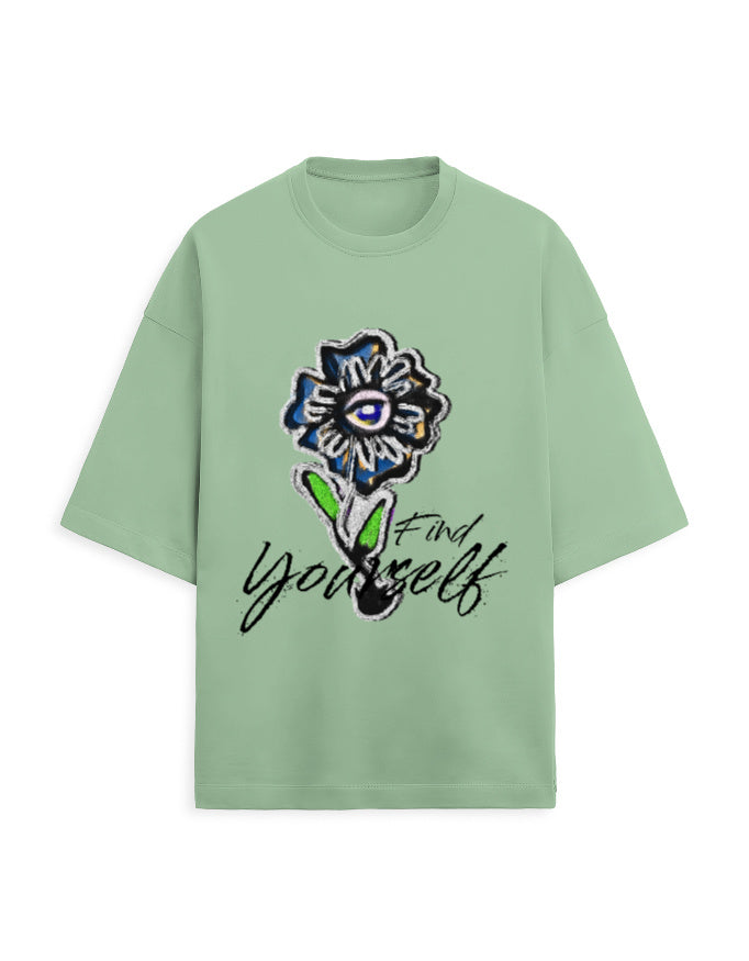 Color_Jade , jade green Unisex Oversized T-Shirt | Find Yourself Eye Flower Graphic Print | 260 GSM Heavyweight French Terry Streetwear Tee | Sky Blue