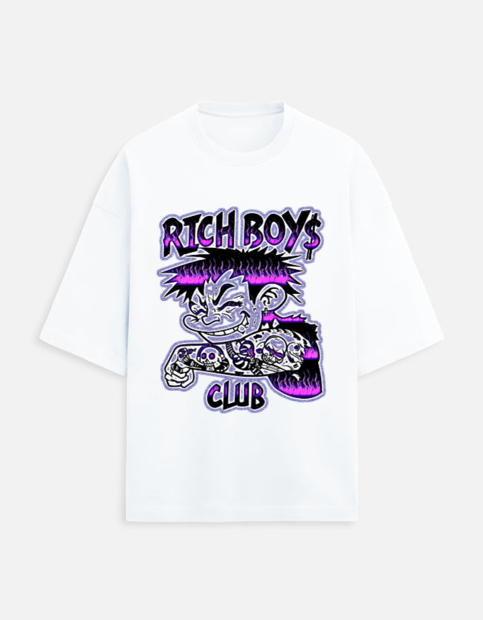 White t-shirt with 'Rich Boys Club' graphic design featuring a cartoon character and text.