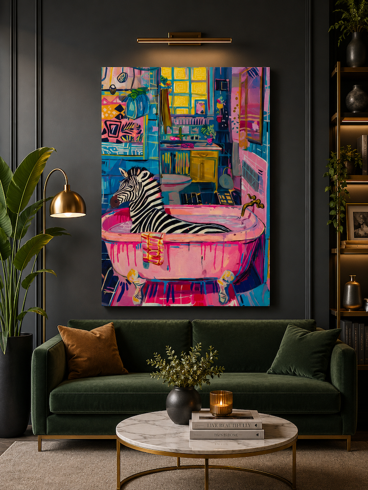 Living room with a colorful abstract painting of a zebra in a bathtub, green sofa, and decorative items.