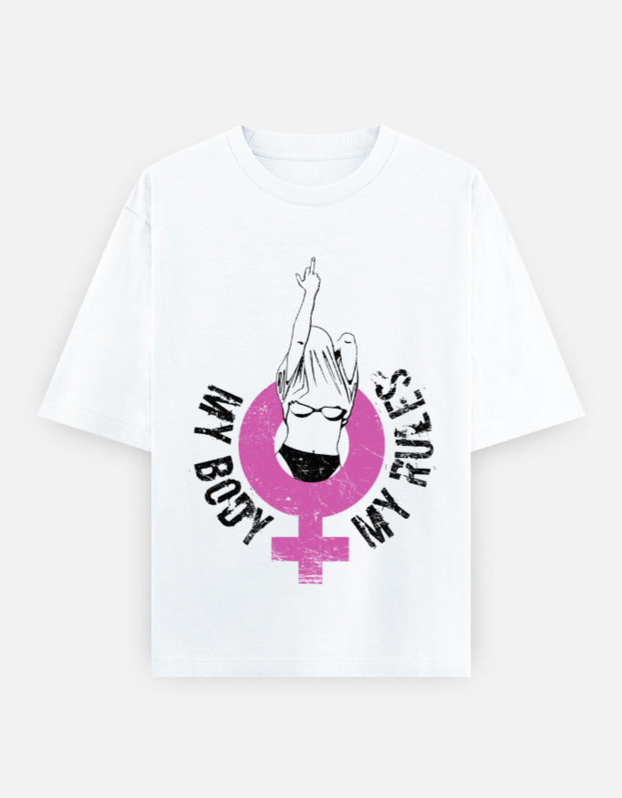 Feminist Graphic Oversized T-Shirt for Women – My Body My Rules Tee in 240 GSM Heavyweight Cotton | Gen Z Bold Statement Shirt | Frolic Saga India
