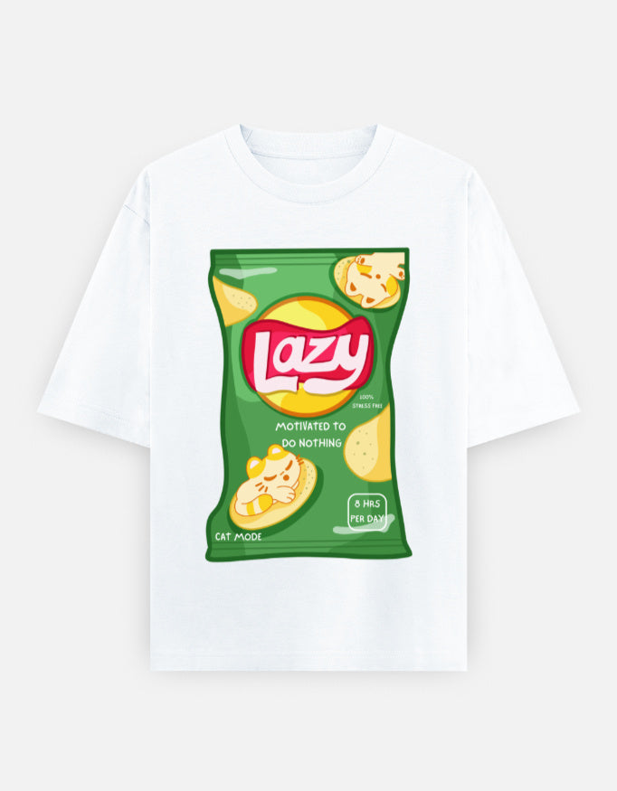 LAZY Oversized T-Shirt for Men & Women β Funny Chips Packet Graphic | 240 GSM Cotton | Unisex Cat Mode Tee | Frolic Saga