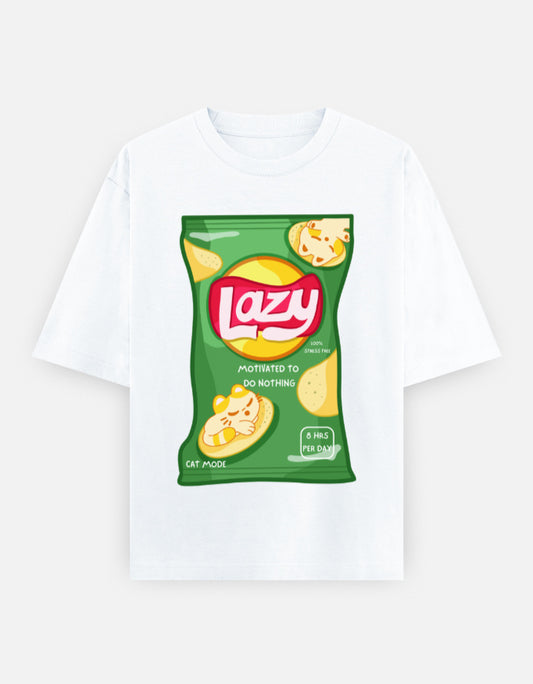 LAZY Oversized T-Shirt for Men & Women – Funny Chips Packet Graphic | 240 GSM Cotton | Unisex Cat Mode Tee | Frolic Saga