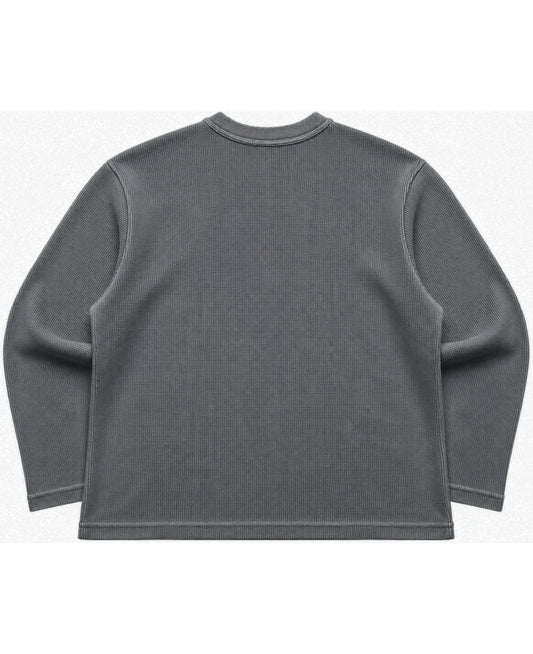 Acid washed charcoal grey waffle knit oversized full sleeve tee, back view - Frolic Saga Bare Minimum