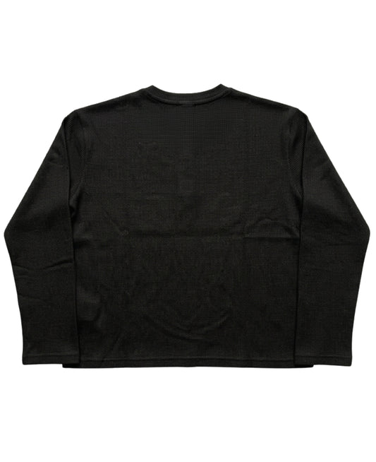 Black Henley waffle knit oversized full sleeve tee, back view - Frolic Saga Bare Minimum