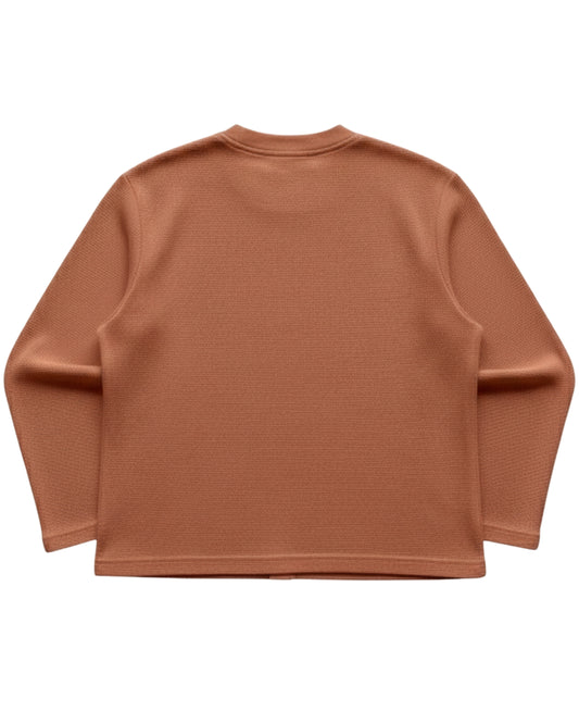 Brown waffle knit oversized full sleeve tee, back view - Frolic Saga Bare Minimum