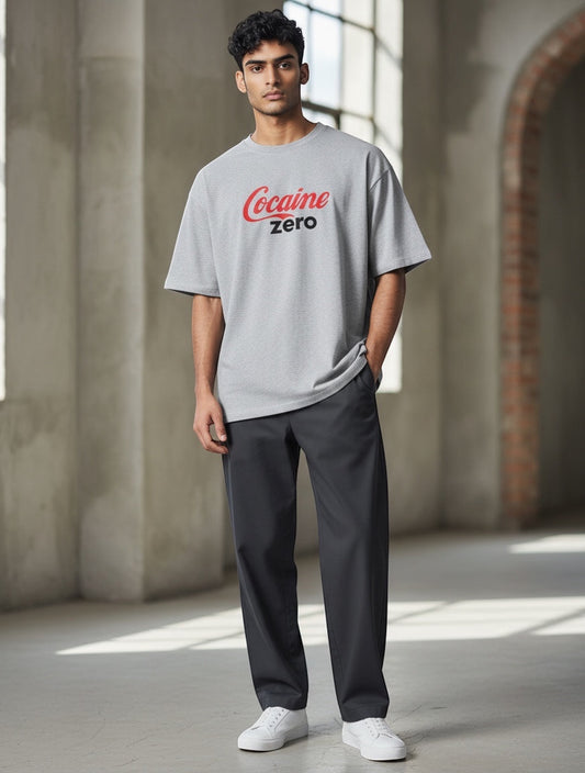 Frolic Saga grey 100% cotton oversized t-shirt with red and black 'Cocaine Zero' graphic.