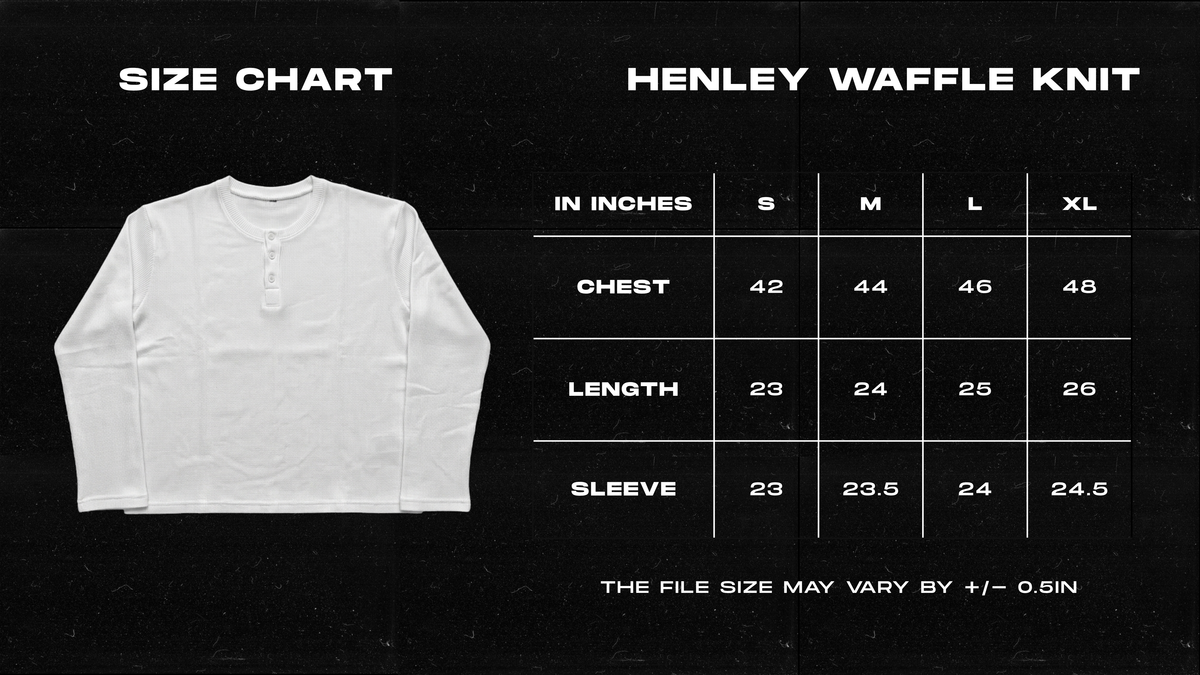 Frolic Saga Henley waffle knit tee size chart with chest and length measurements in inches