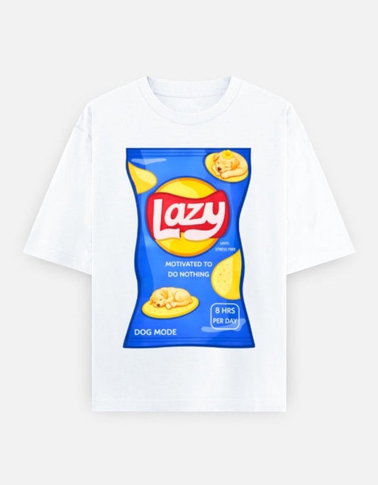 Frolic Saga white oversized t-shirt with a blue chip bag graphic parody that says "Lazy Dog Mode" and features a sleeping dog.